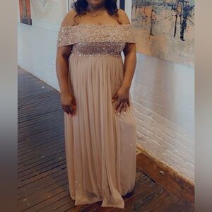 Elegant Off-Shoulder Gown in Beige